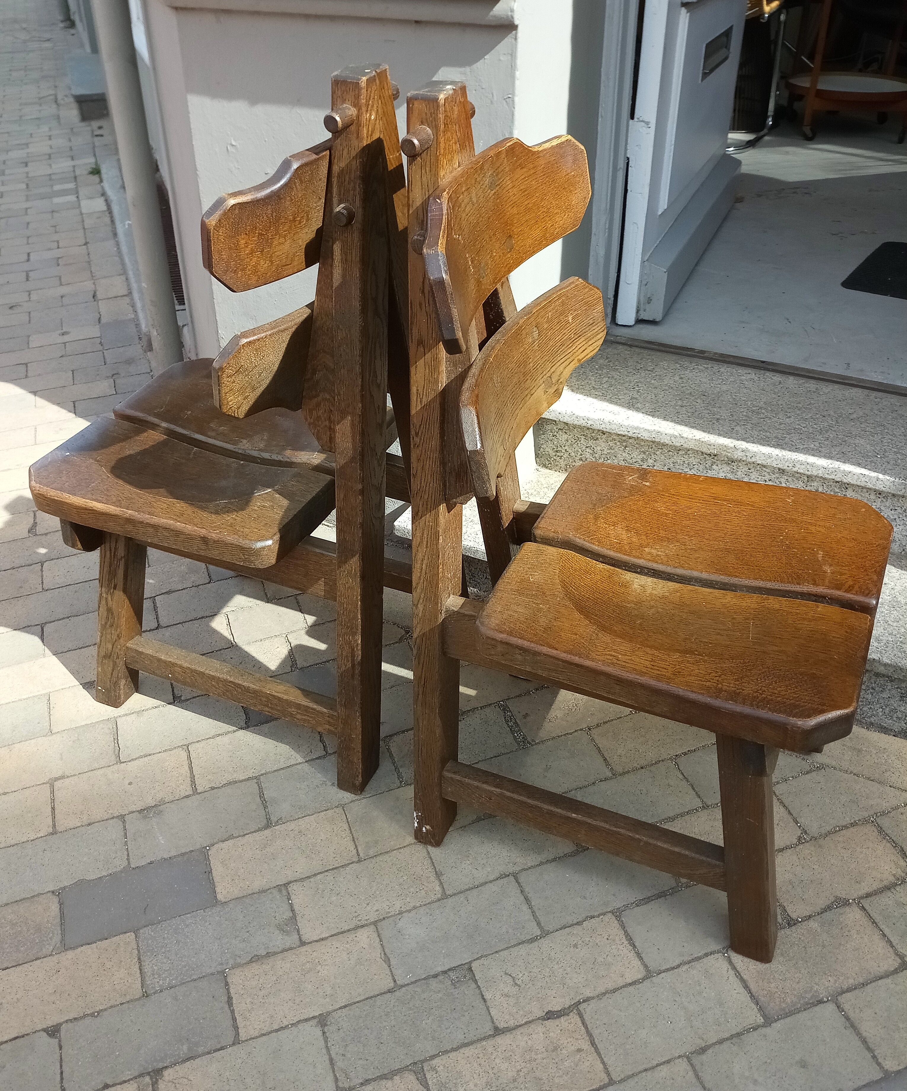 Spanish Brutalist Solid Oak Chairs, 1970s, Set of 2
