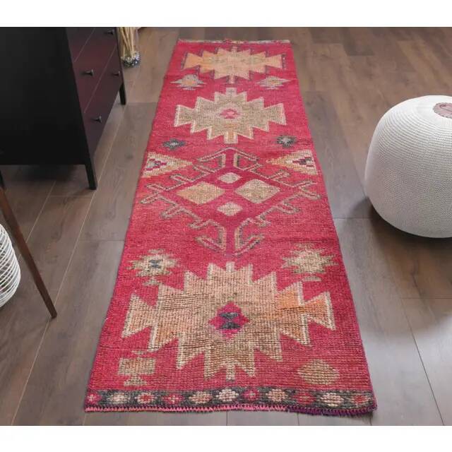 1970s vintage Turkish hand-knotted wool cotton pink runner rug 80x289