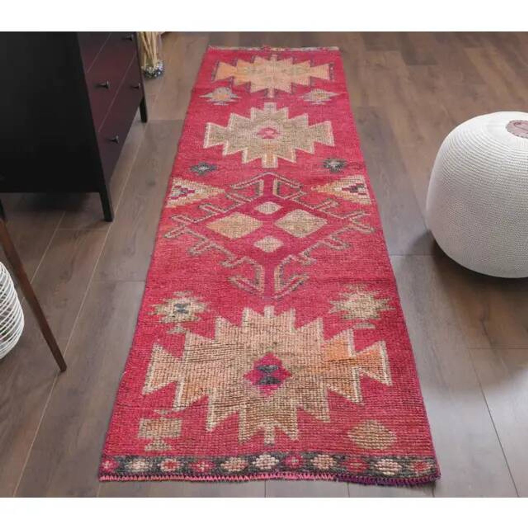 1970s vintage Turkish hand-knotted wool cotton pink runner rug 80x289