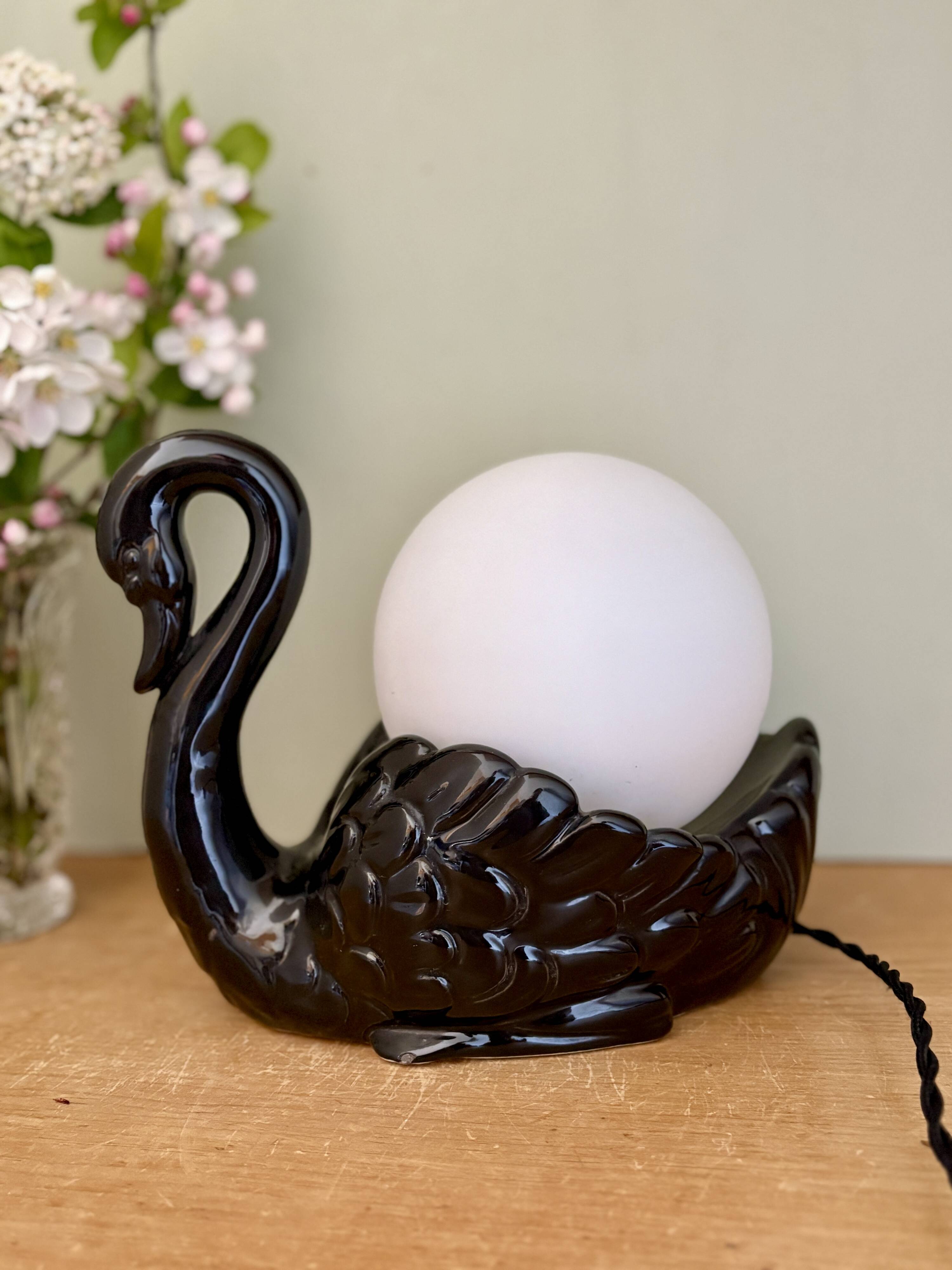 Vintage lamp, black ceramic swan and white opaline globe