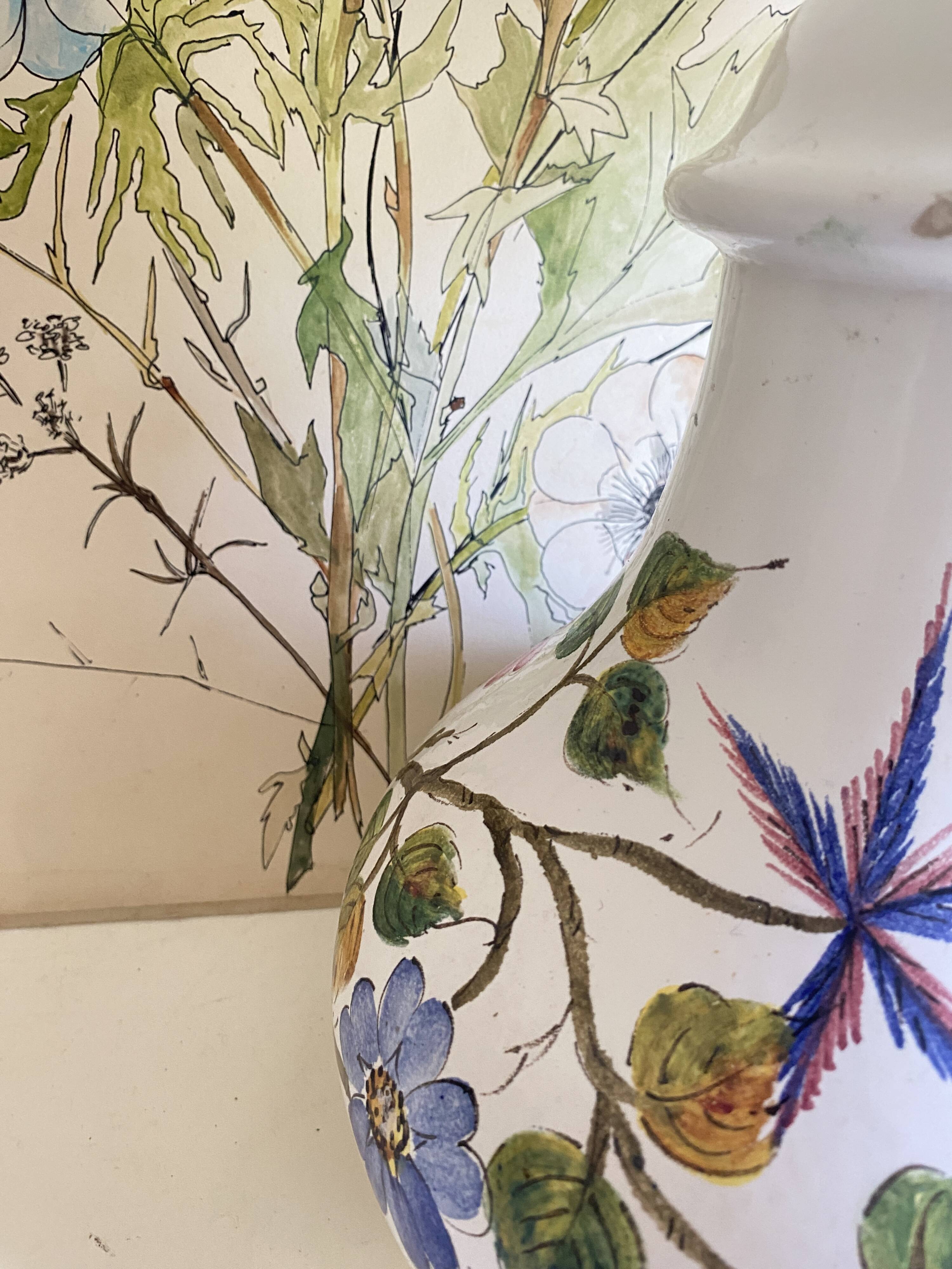 Painted ceramic lamp, cotton shade
