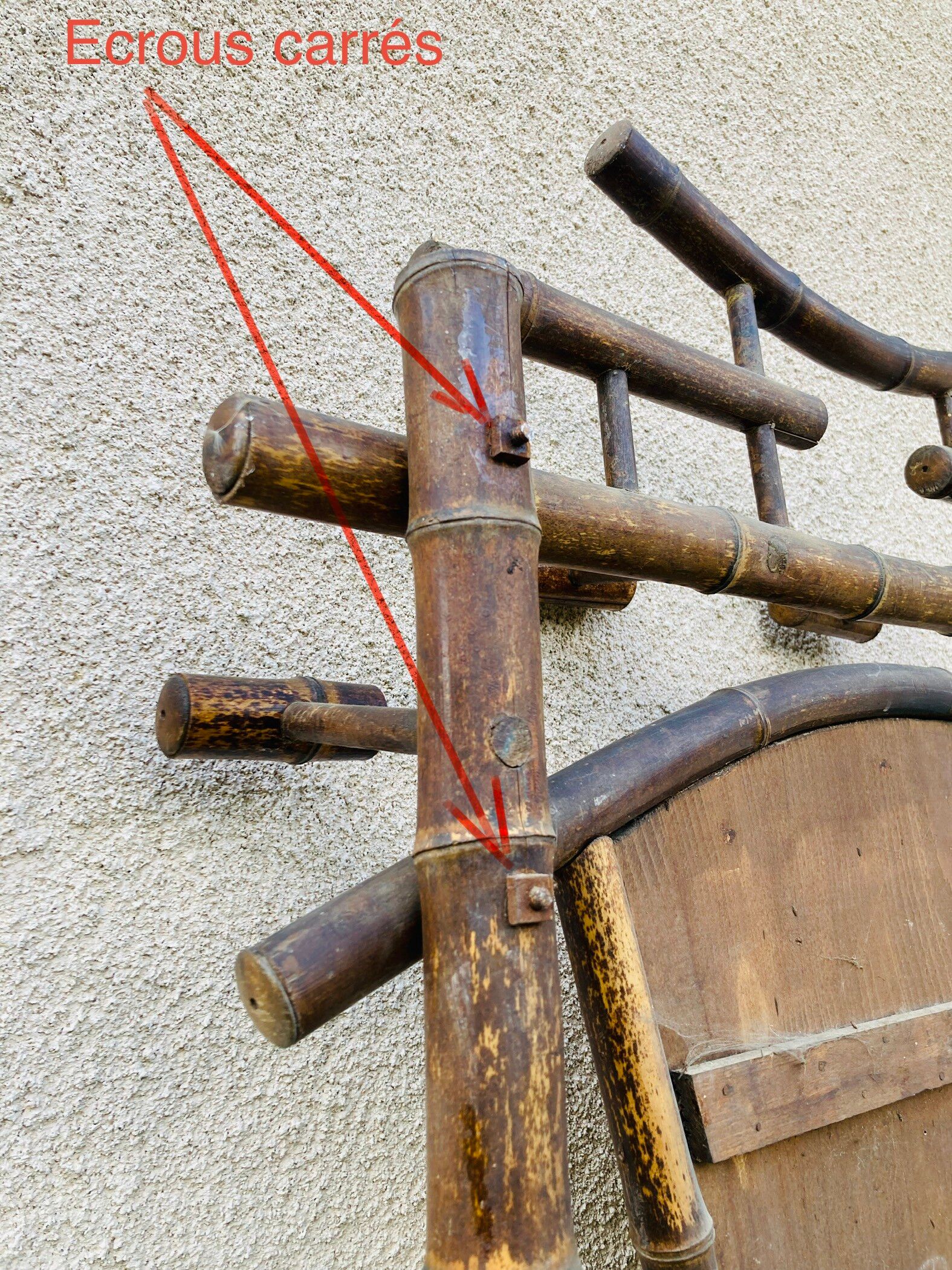 Bamboo coat rack from the 19th century, mirror in the shape of a crescent moon.