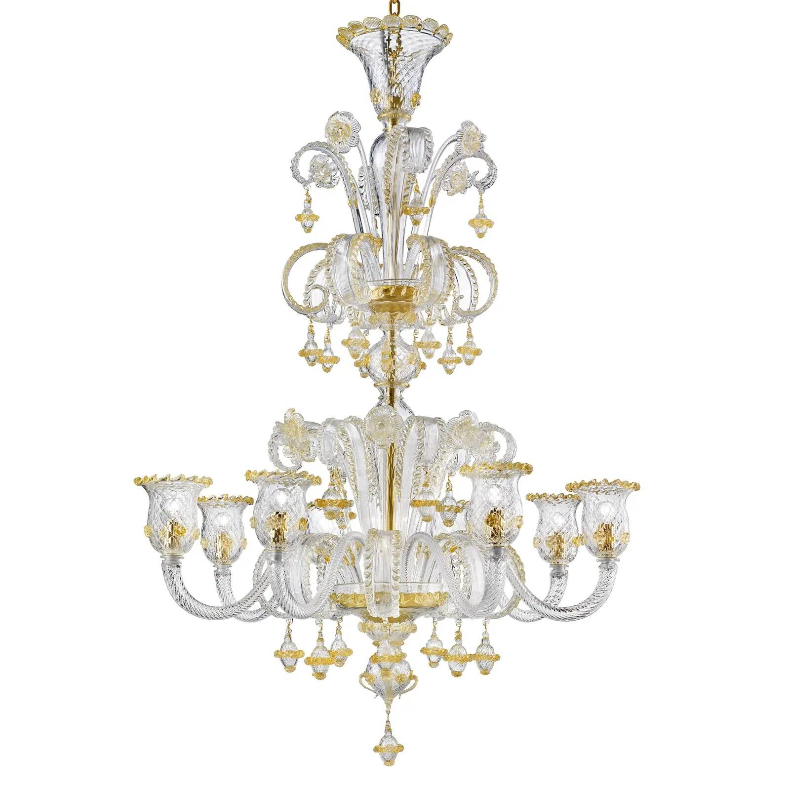 Ornate Murano Glass Rigadin Chandelier with Refined Gold Trimming