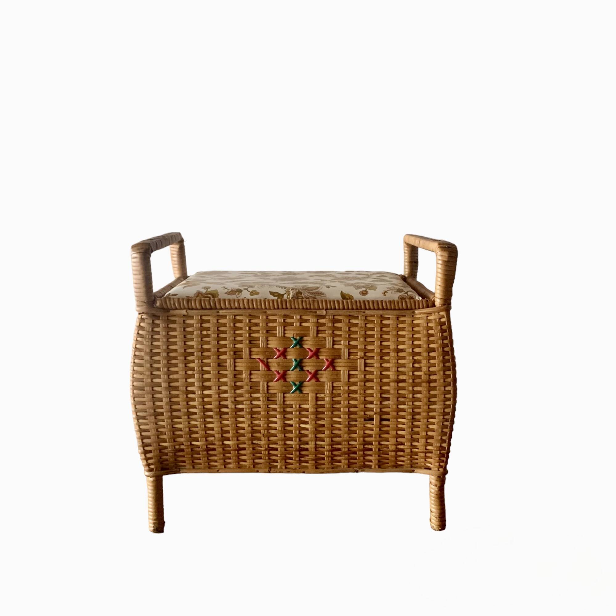 Large vintage rattan and wicker sewing basket with floral decor seat