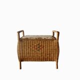 Large vintage rattan and wicker sewing basket with floral decor seat