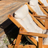 4 garden armchairs 1970 in pine and beige fabric
