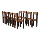 Set of 8 brutalist chairs in solid wood and straw, France, circa 1960.