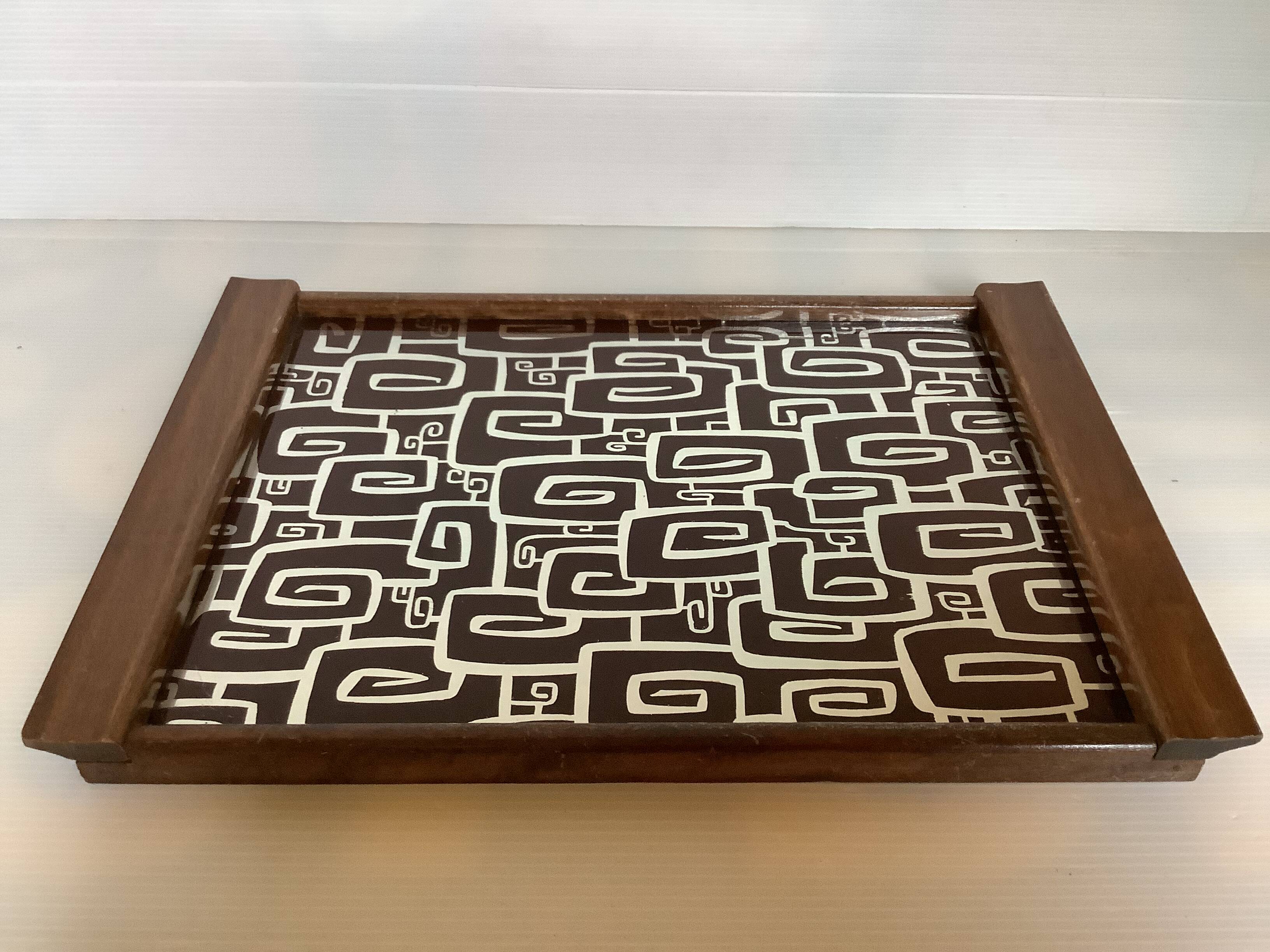 Vintage wooden tray with psychedelic Art Deco patterns.