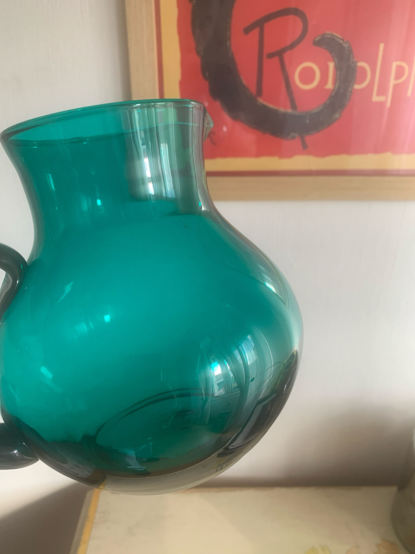 Large vintage emerald green blown glass pitcher/carafe, work