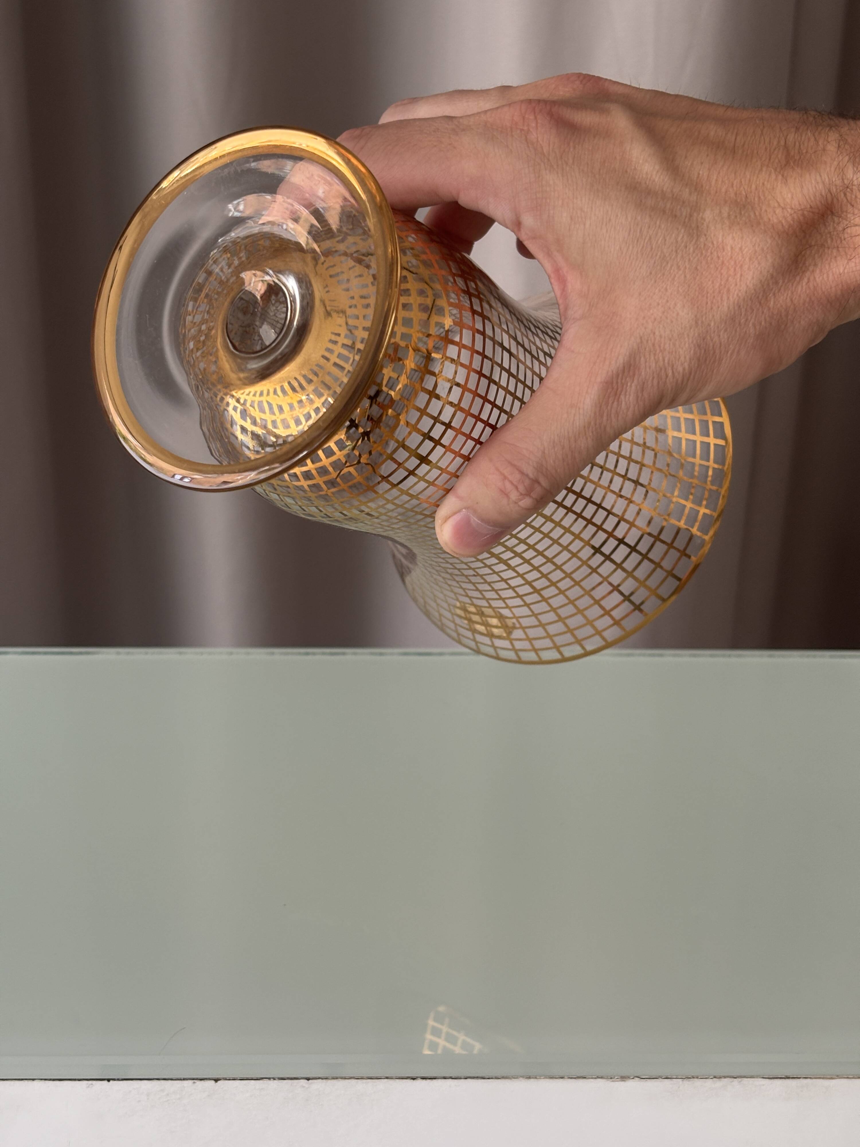Art Deco Gilded Glass Vase with Geometric Gold Grid Decoration