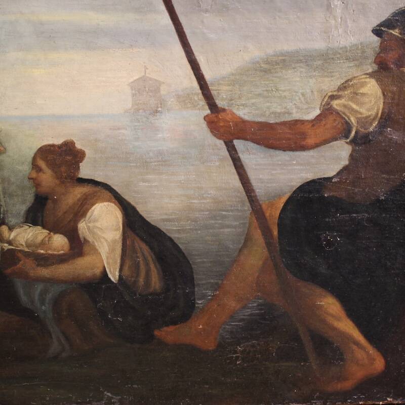 Antique Italian painting Moses saved from the waters from the 18th century