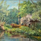 HSP 1917 painting signed Romezin "Cabin by the water" + frame