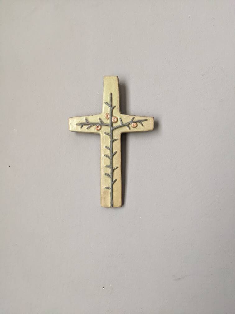 Jeanne Leveque ceramic crucifix, religious cross, wall decoration