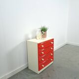 Vintage ladekast met rood roze kunststof lades 1970