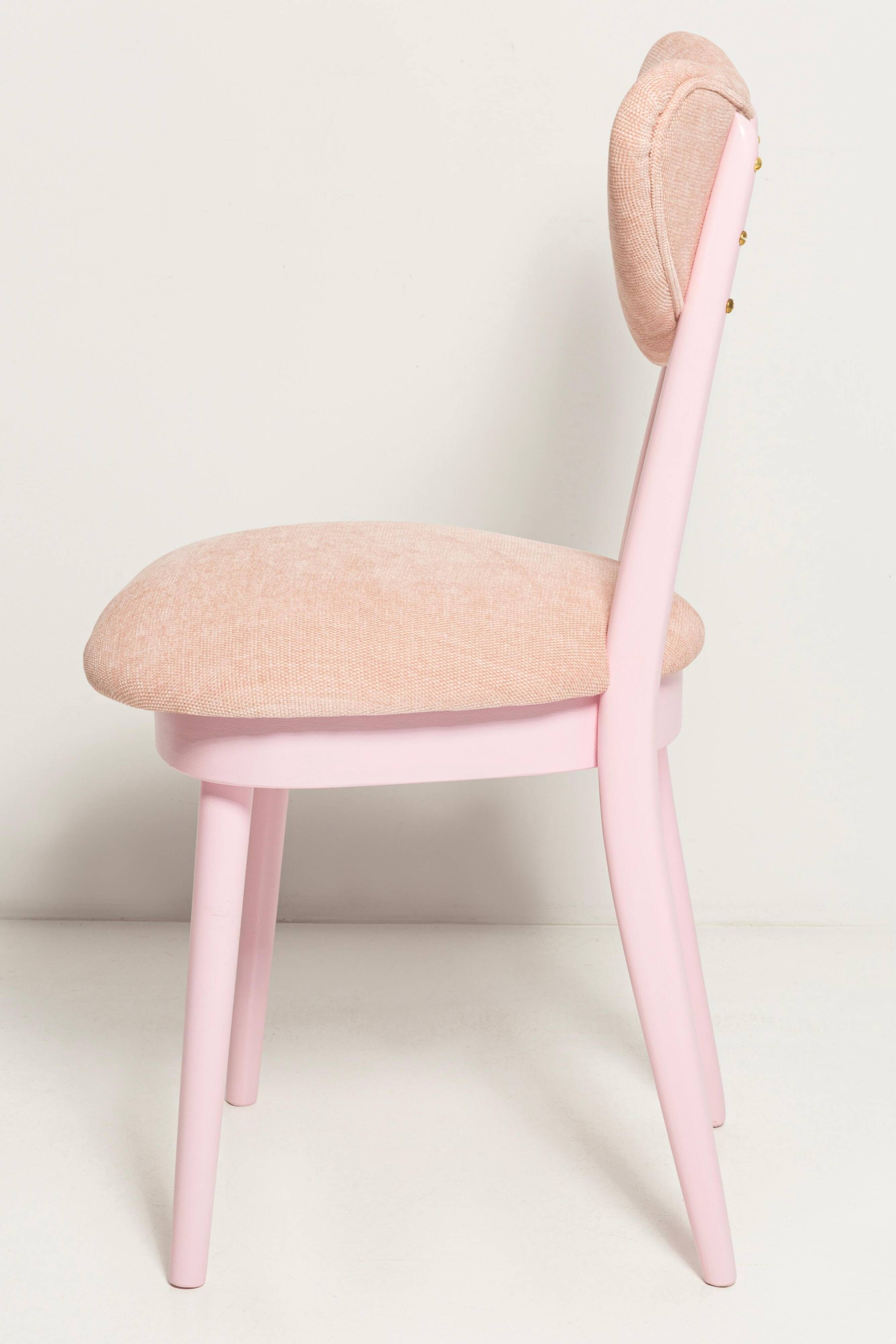 Mid-century heart-shaped chair, light pink chenille fabric, painted pink wood, Europe, 1960s.