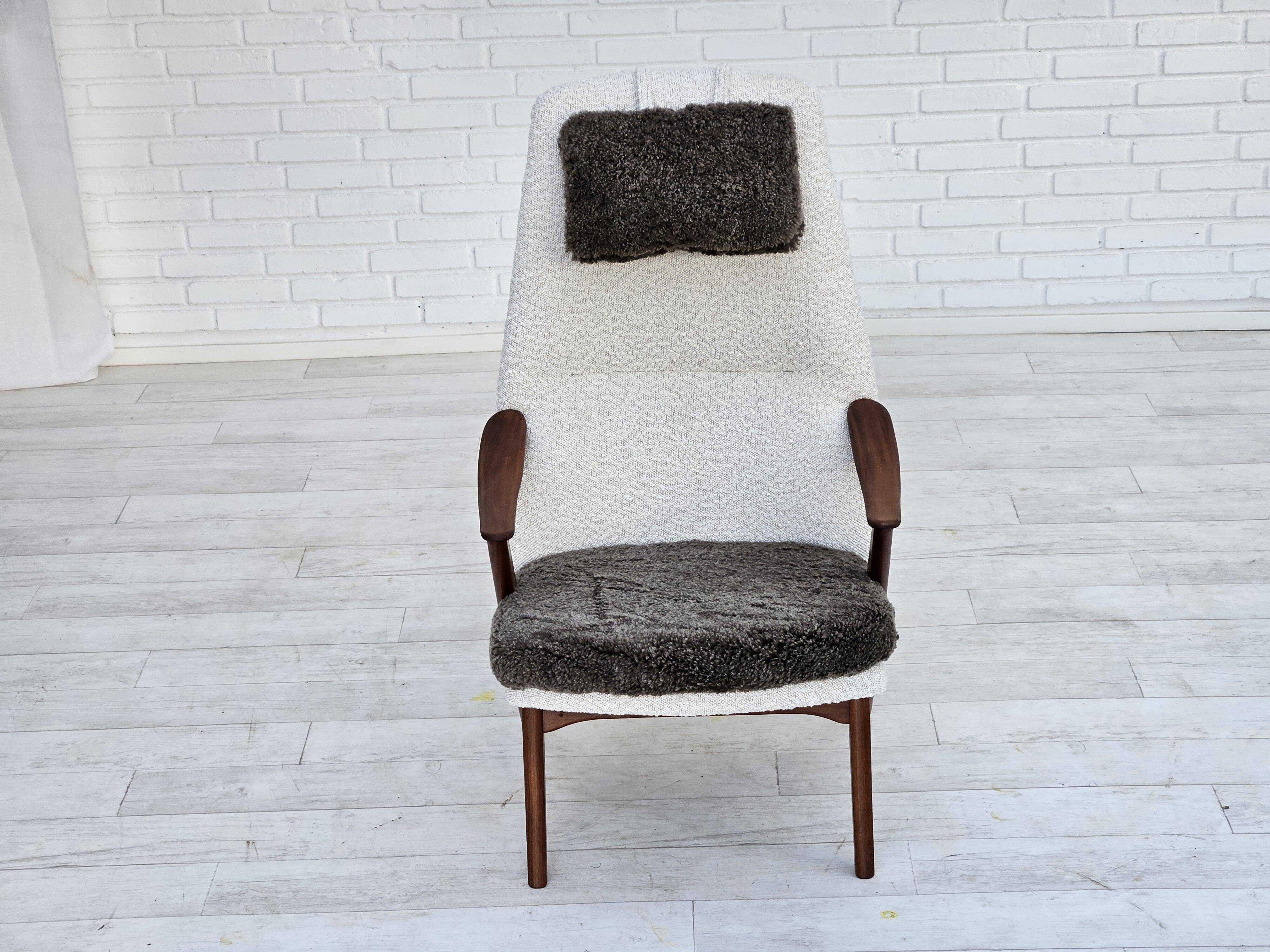 1960s, Scandinavian design, reupholstered armchair, furniture fabric, genuine sheepskin, teak.