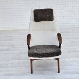 1960s, Scandinavian design, reupholstered armchair, furniture fabric, genuine sheepskin, teak.