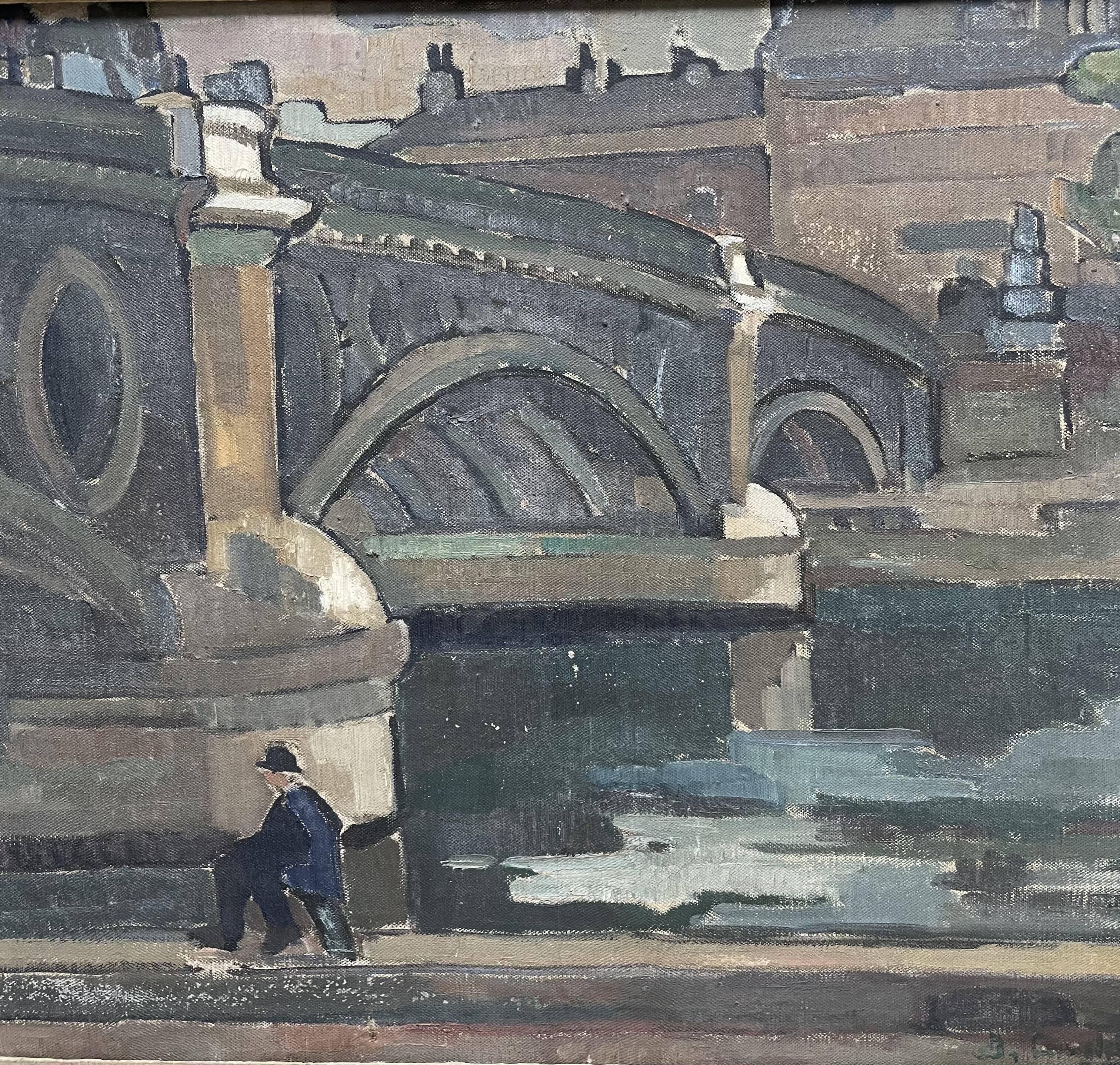Peinture, un pêcheur en bord de seine