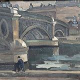 Painting, fisherman on the banks of the seine