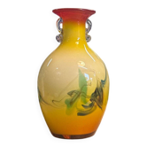 Vase artisanal en verre jaune et orange