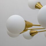 Mid-Century Modern Italian Brass and Glass Opaline Large Sputnik Chandelier