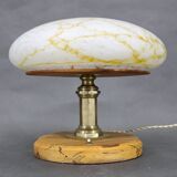 1940s Restored Brass Table Lamp with Wooden Base and Glass Shade