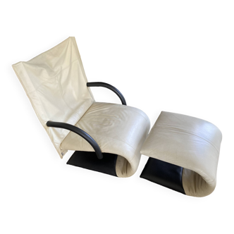 Fauteuil et repose-pieds Ligne Roset "ZEN" cuir drapé blanc