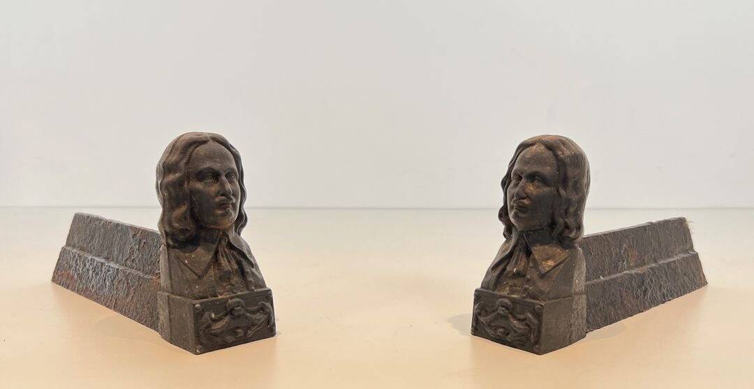 Pair of Cast Iron Andirons in the Likeness of Beethoven. France. Circa 1900.