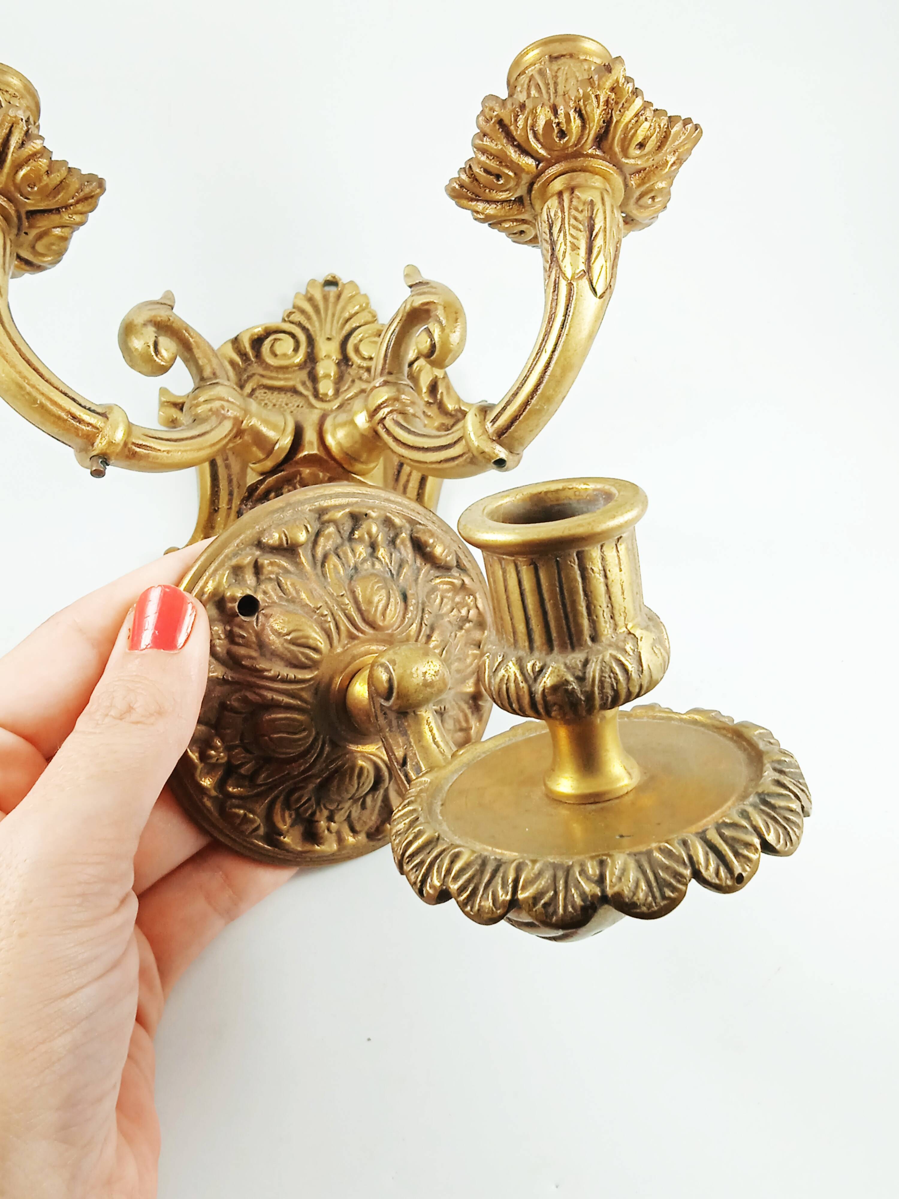 Set of 2 old candlestick sconces in bronze