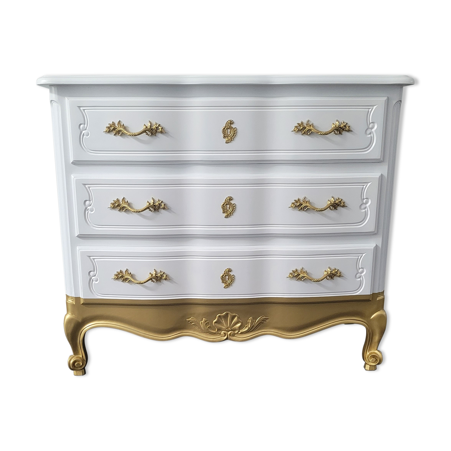 Louis XV style chest of drawers, white and gold