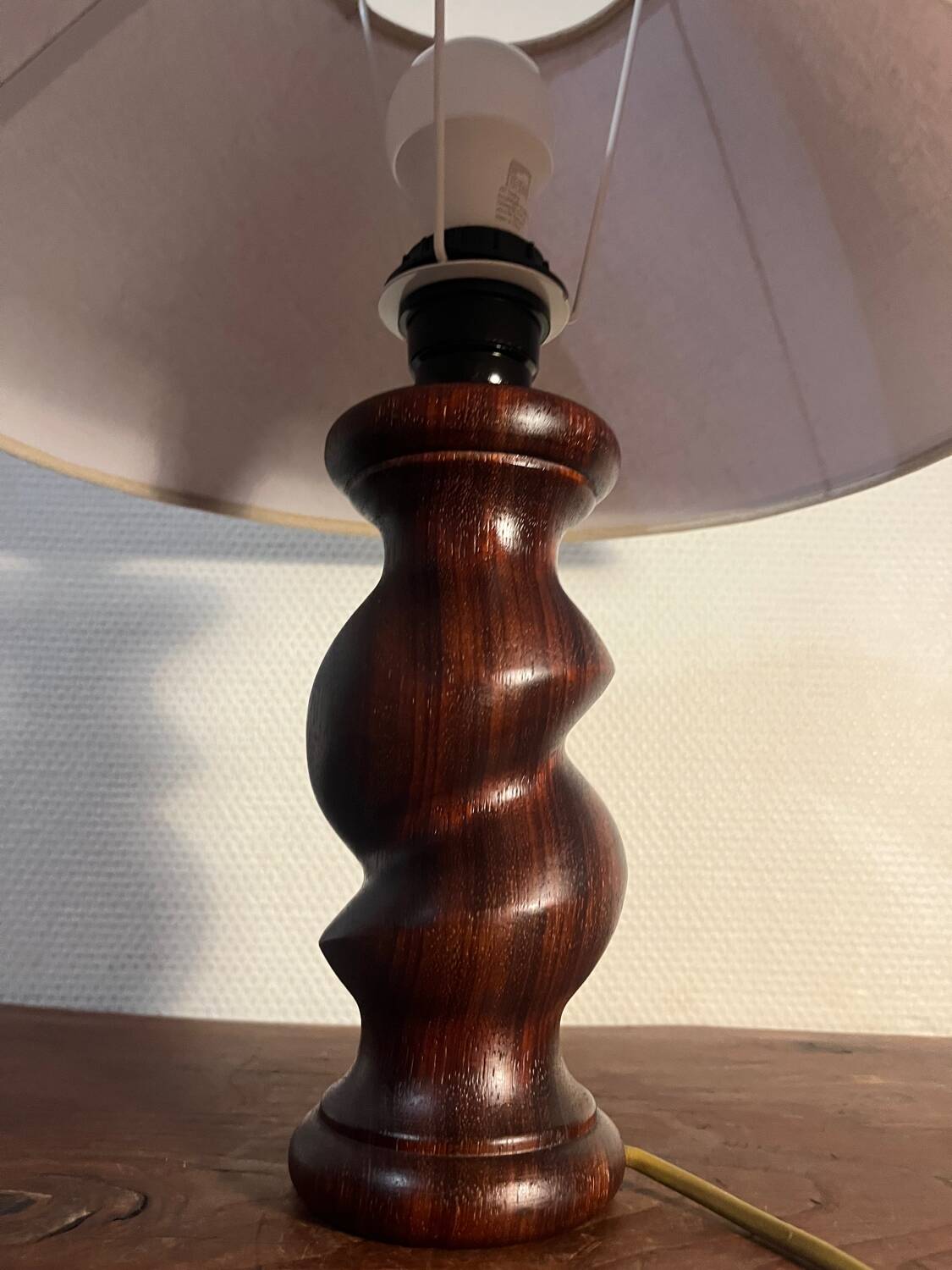 Solid turned wood foot lamp with lampshade