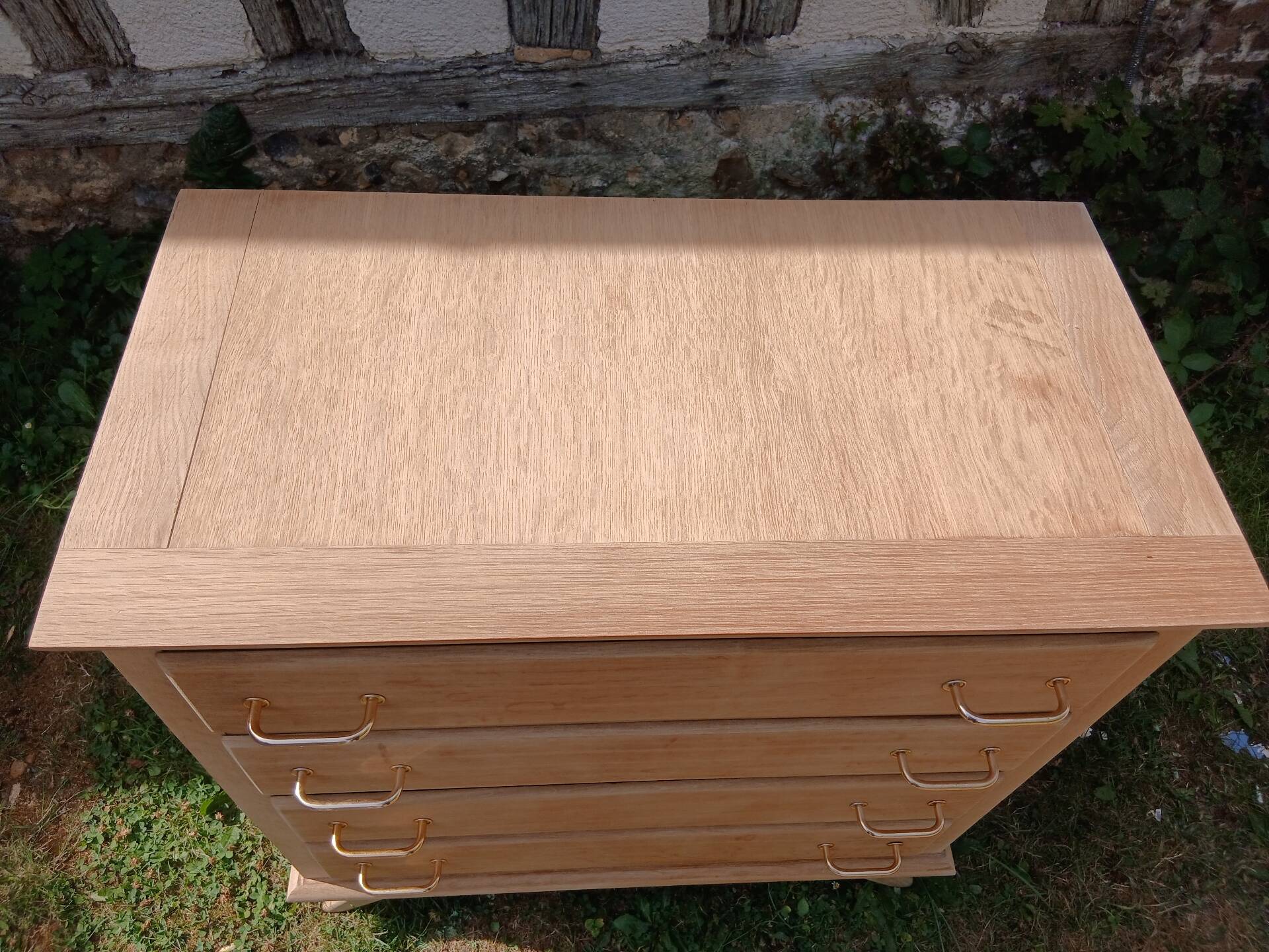 Commode 4 tiroirs pieds compas chêne bois brut