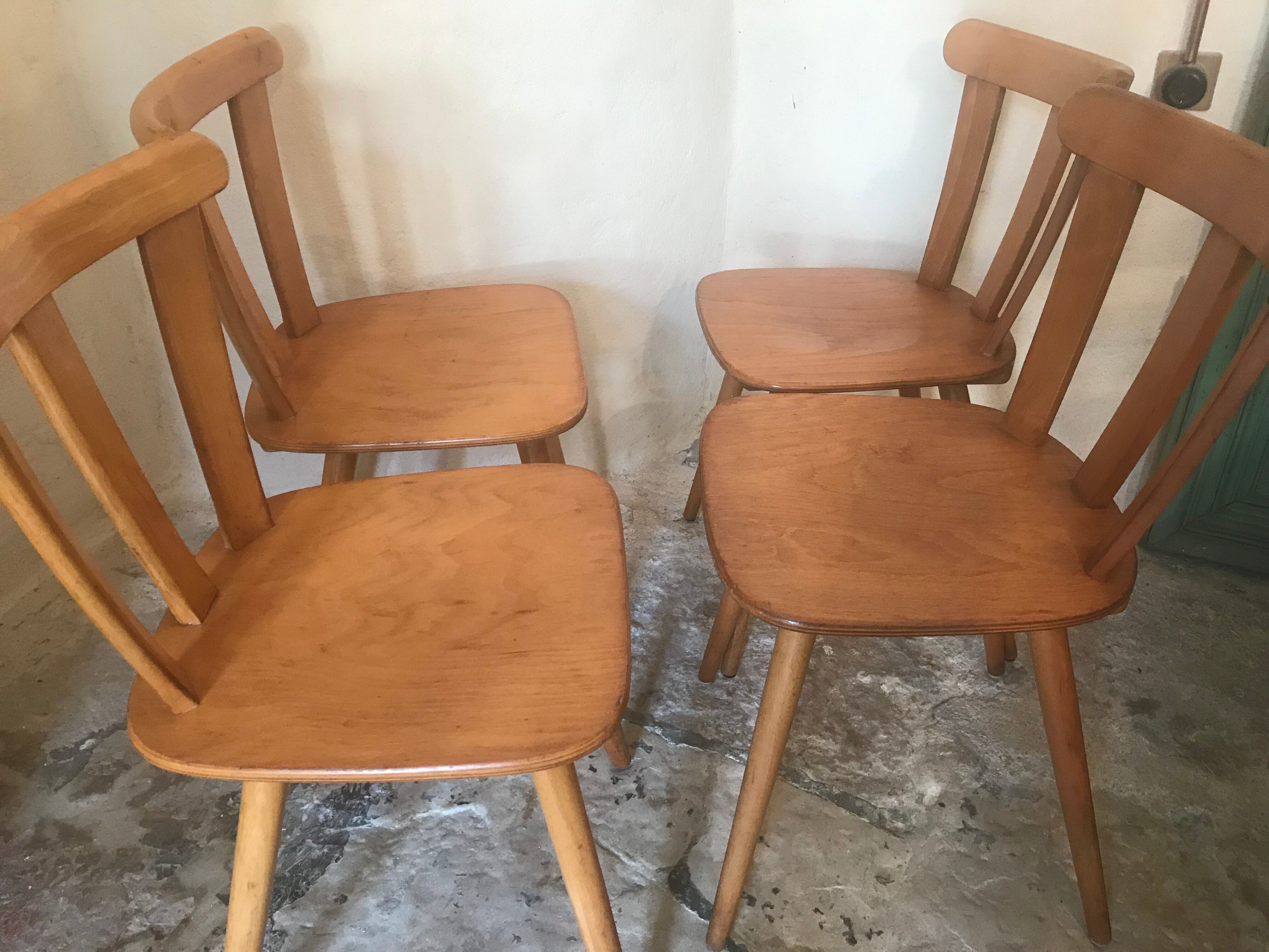 Set of 4 vintage bistro style chairs in beech circa 1960