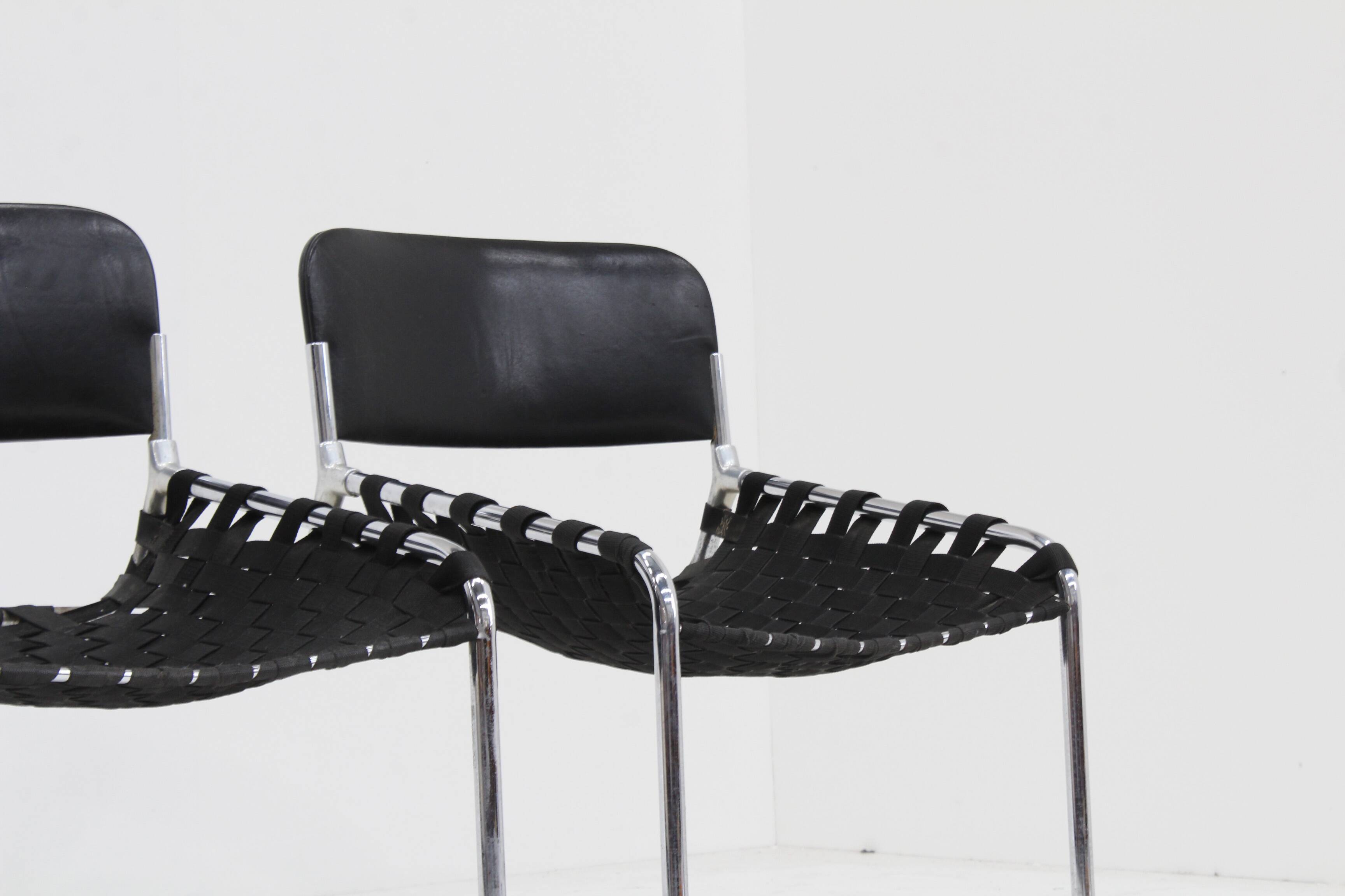 Set Vintage italian chairs black leather and chrome 1970s
