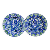 Paire d'assiettes vintage espagnoles en faïence Fajalauza, vertes et bleues.