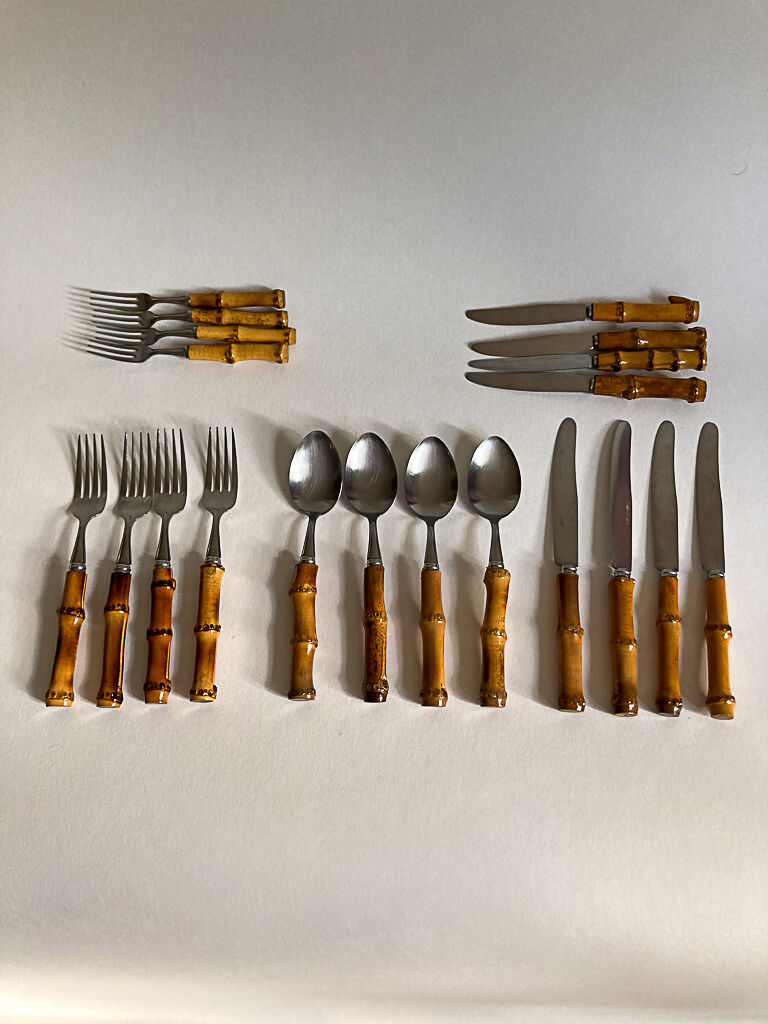 Bamboo cutlery set for 4 people, 60s