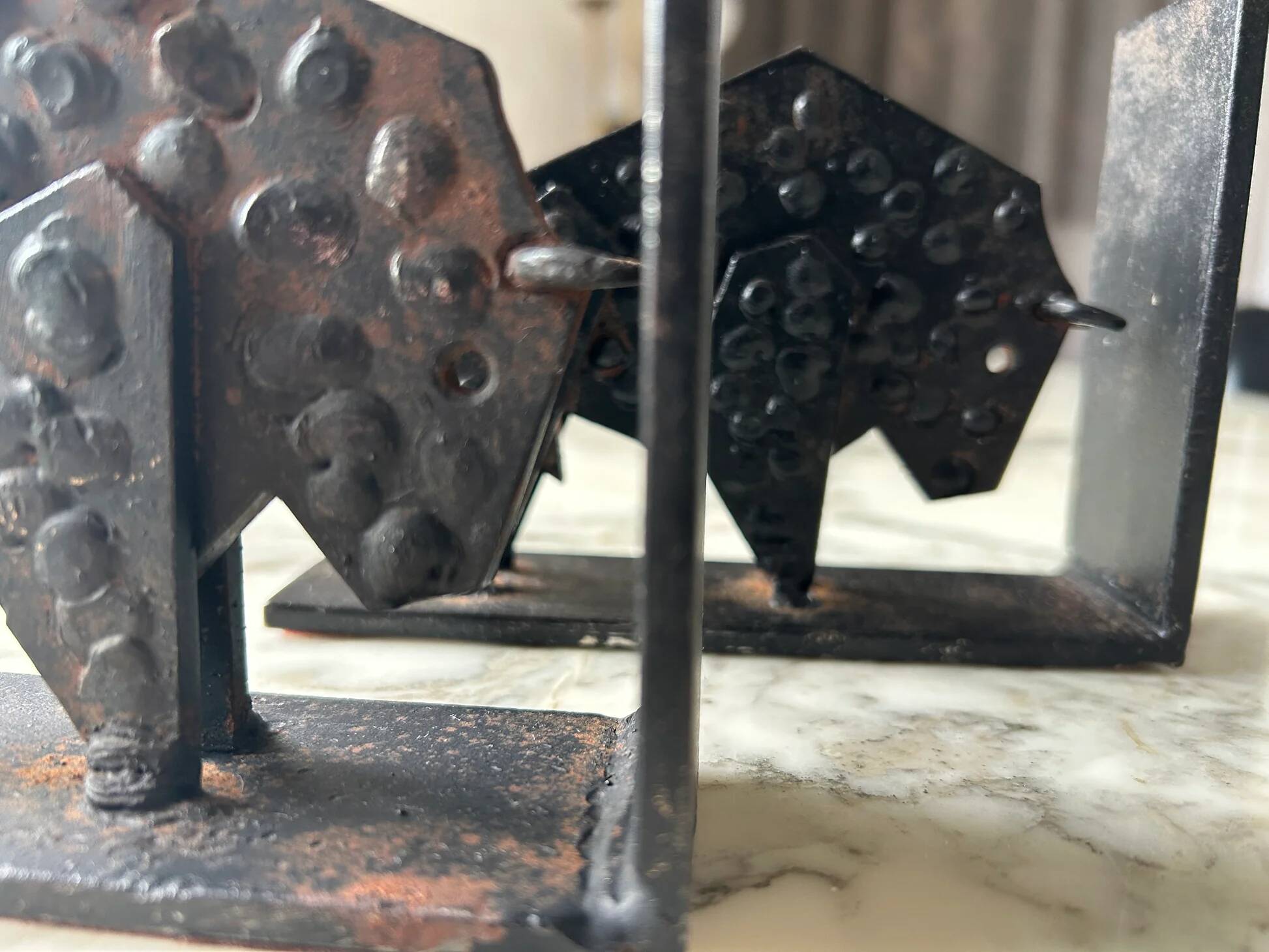 Pair of brutalist buffalo / bison bookends, black metal, mid-century