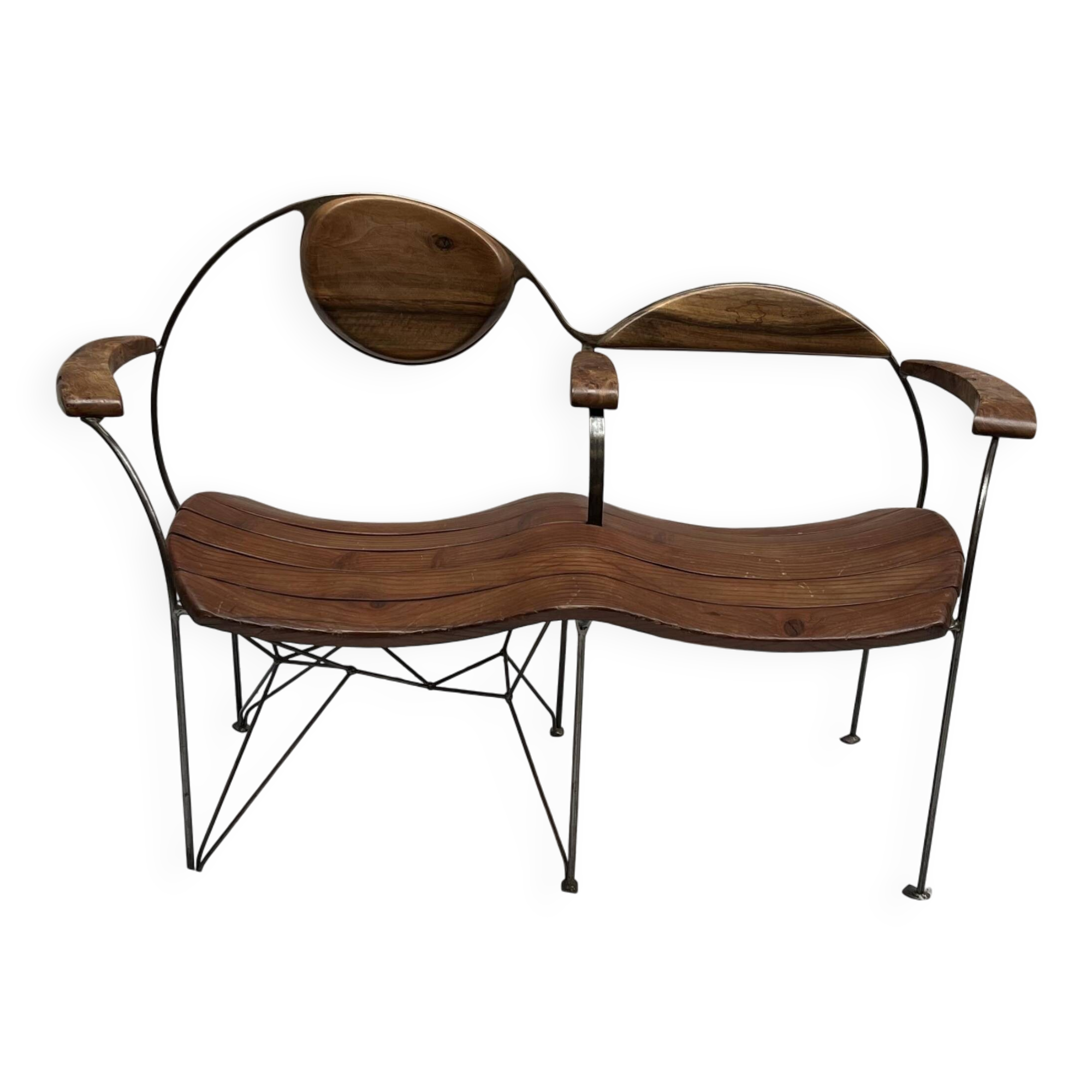 Contemporary double bench in wood and metal by Francis Veillerot (2004)