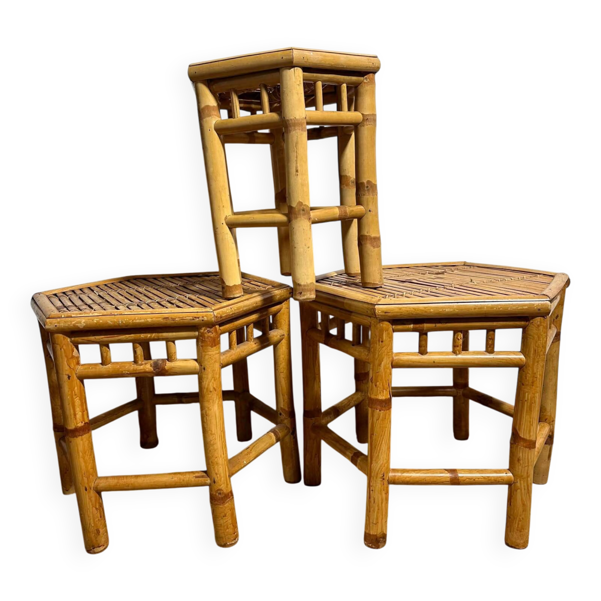 Vintage Boho Mid Century Bamboo Hexagonal Side Coffee Tables Flower Stools