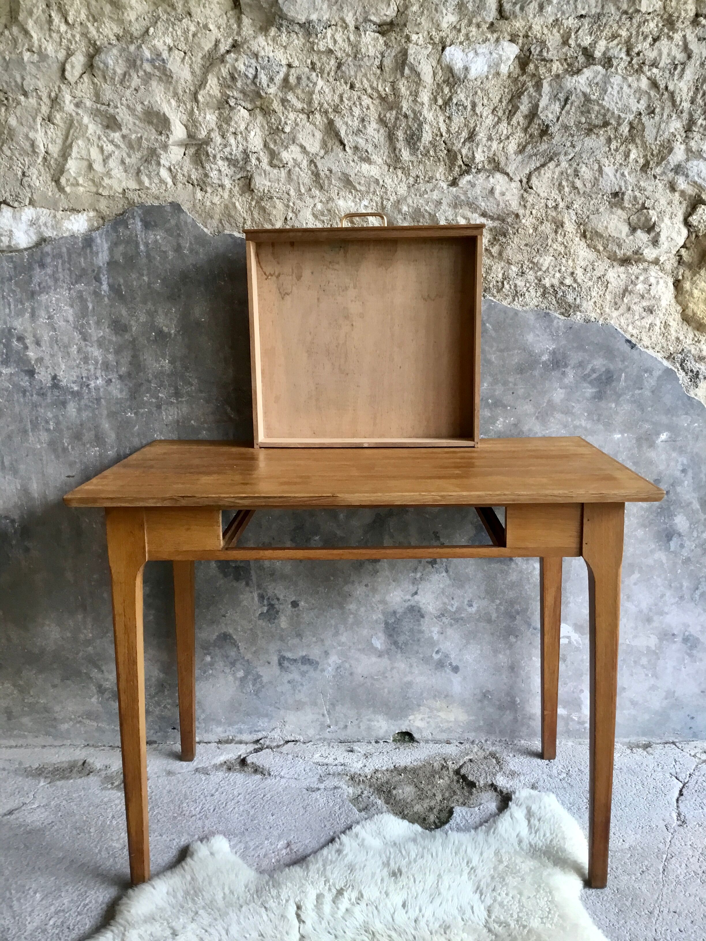 Vintage drawer table or desk in light wood 1950