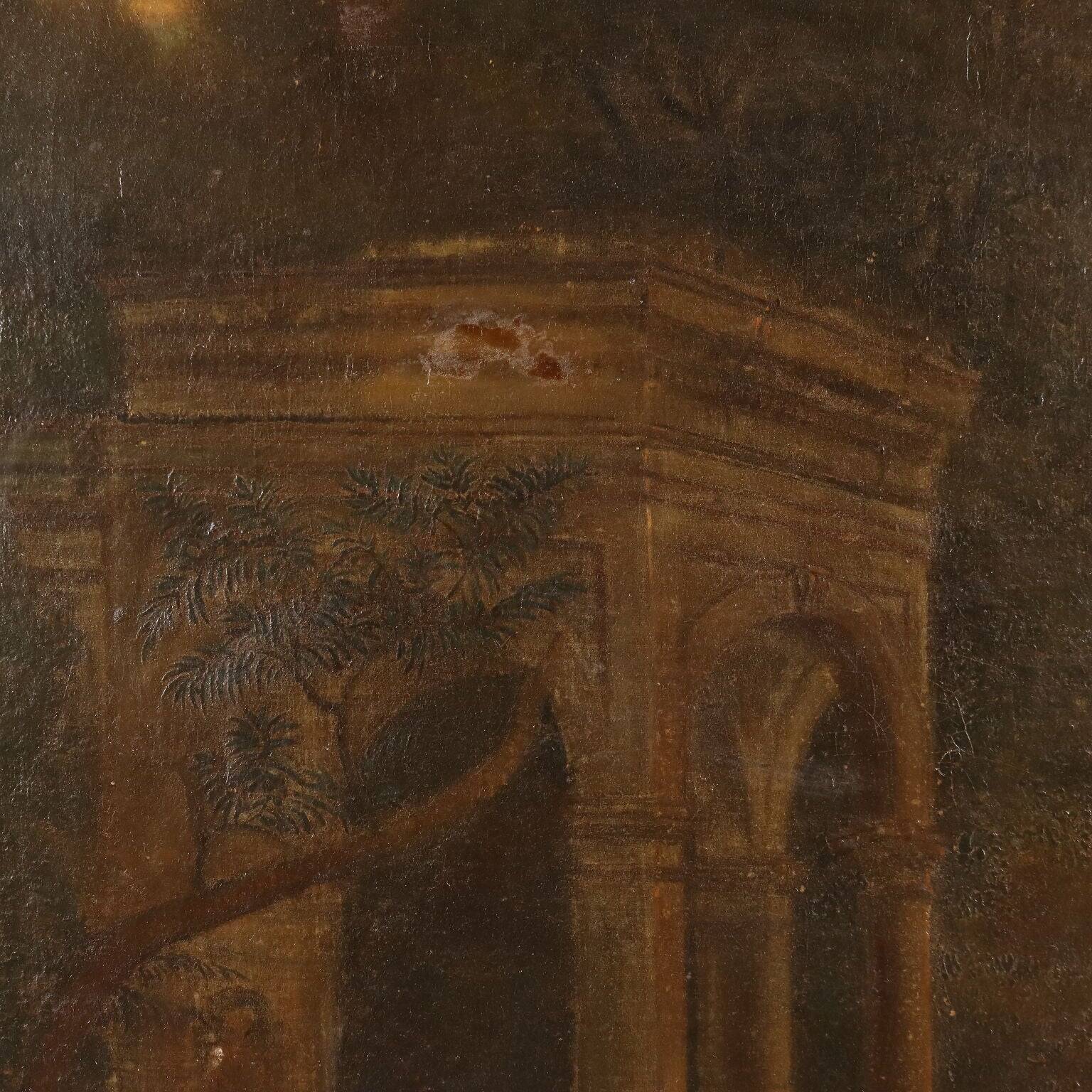 Ancient landscape painting with architecture, oil on canvas, 18th century.