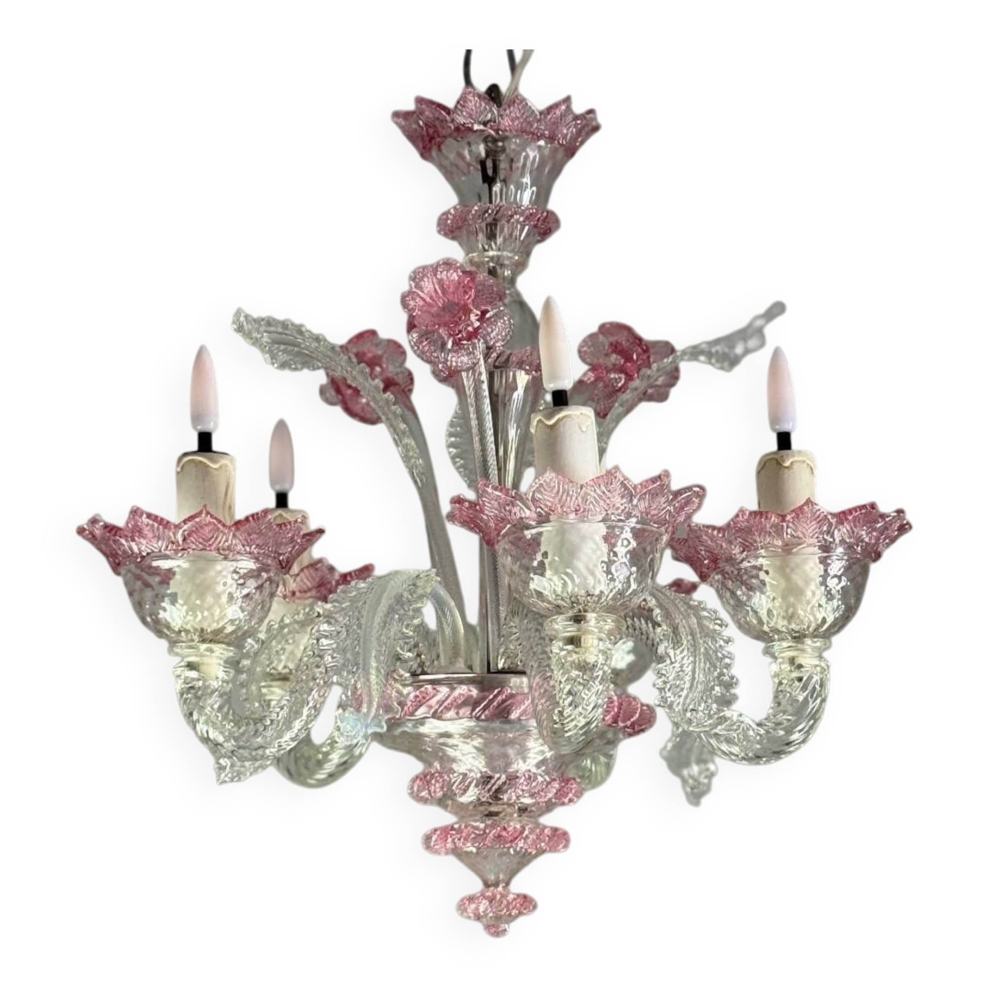 Petit lustre vénitien en verre de Murano incolore et rouge, circa 1950