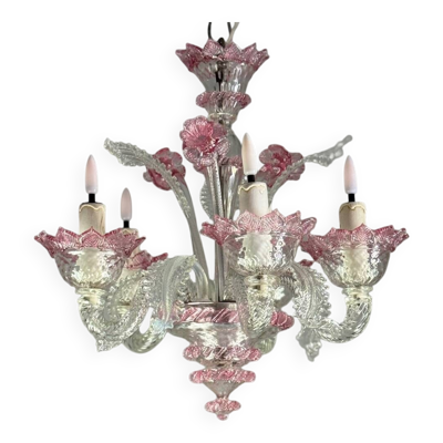 Petit lustre vénitien en verre de Murano incolore et rouge, circa 1950