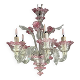 Small Venetian chandelier in colorless and red Murano glass, circa 1950