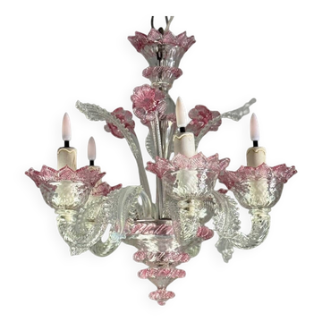 Small Venetian chandelier in colorless and red Murano glass, circa 1950