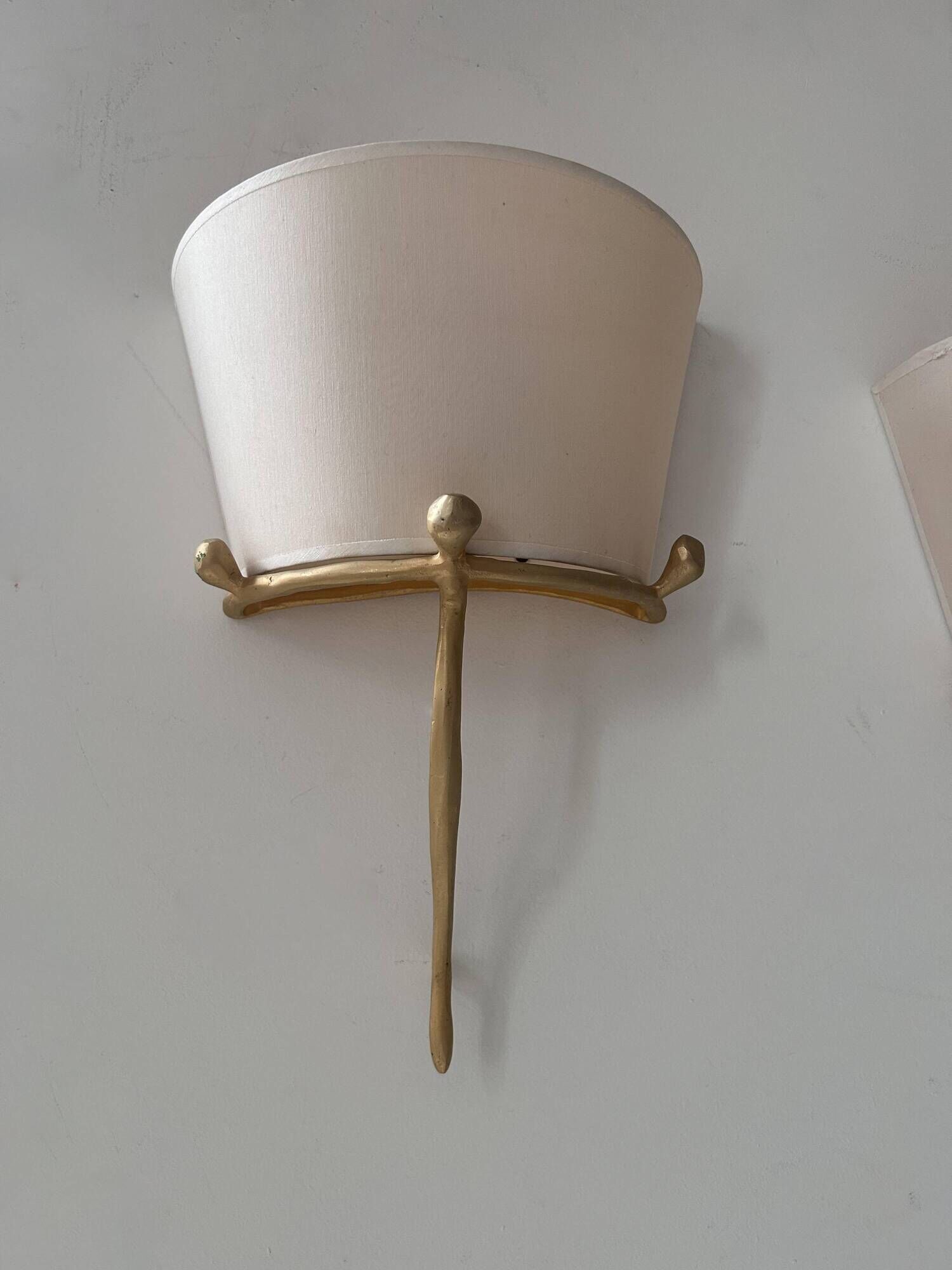 Pair of vintage wall lights, solid brass and ecru fabric, France 1980