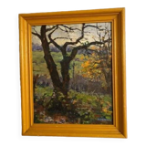 Peinture à l'huile vintage signée Paysage Lac et arbres