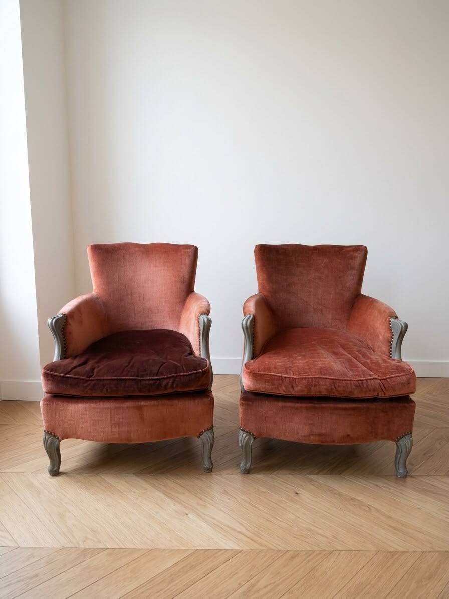 Pair of vintage terracotta velvet armchairs