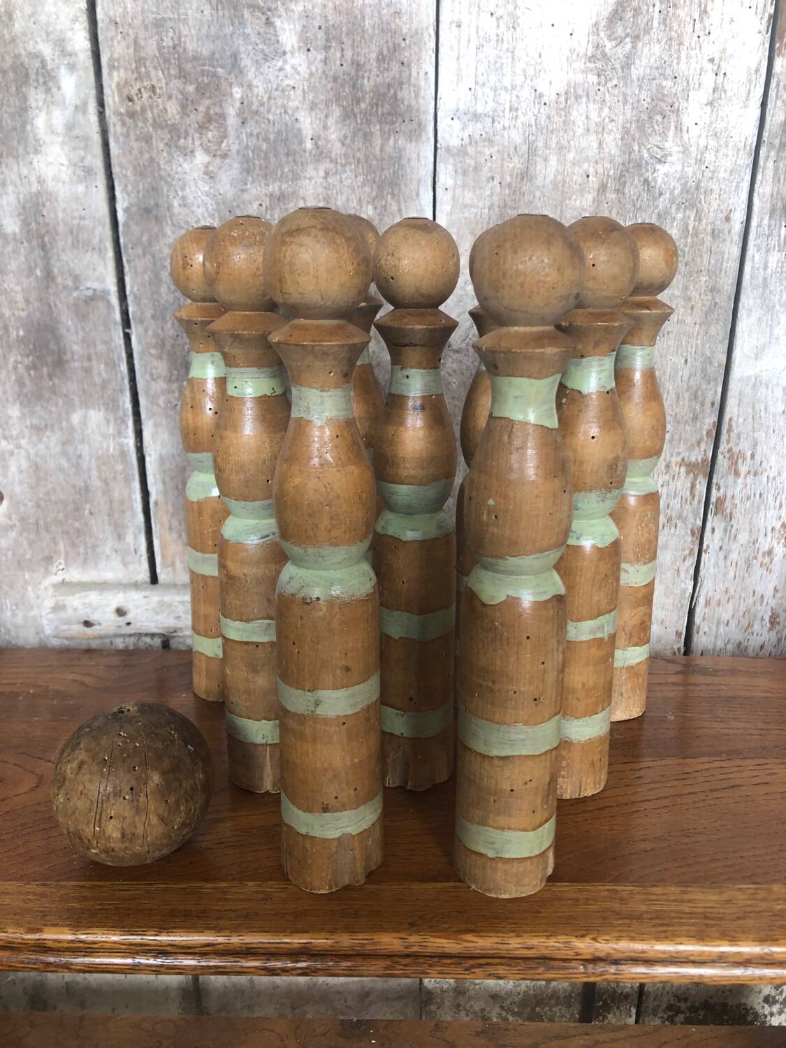 Old game of 9 skittles + vintage wooden ball