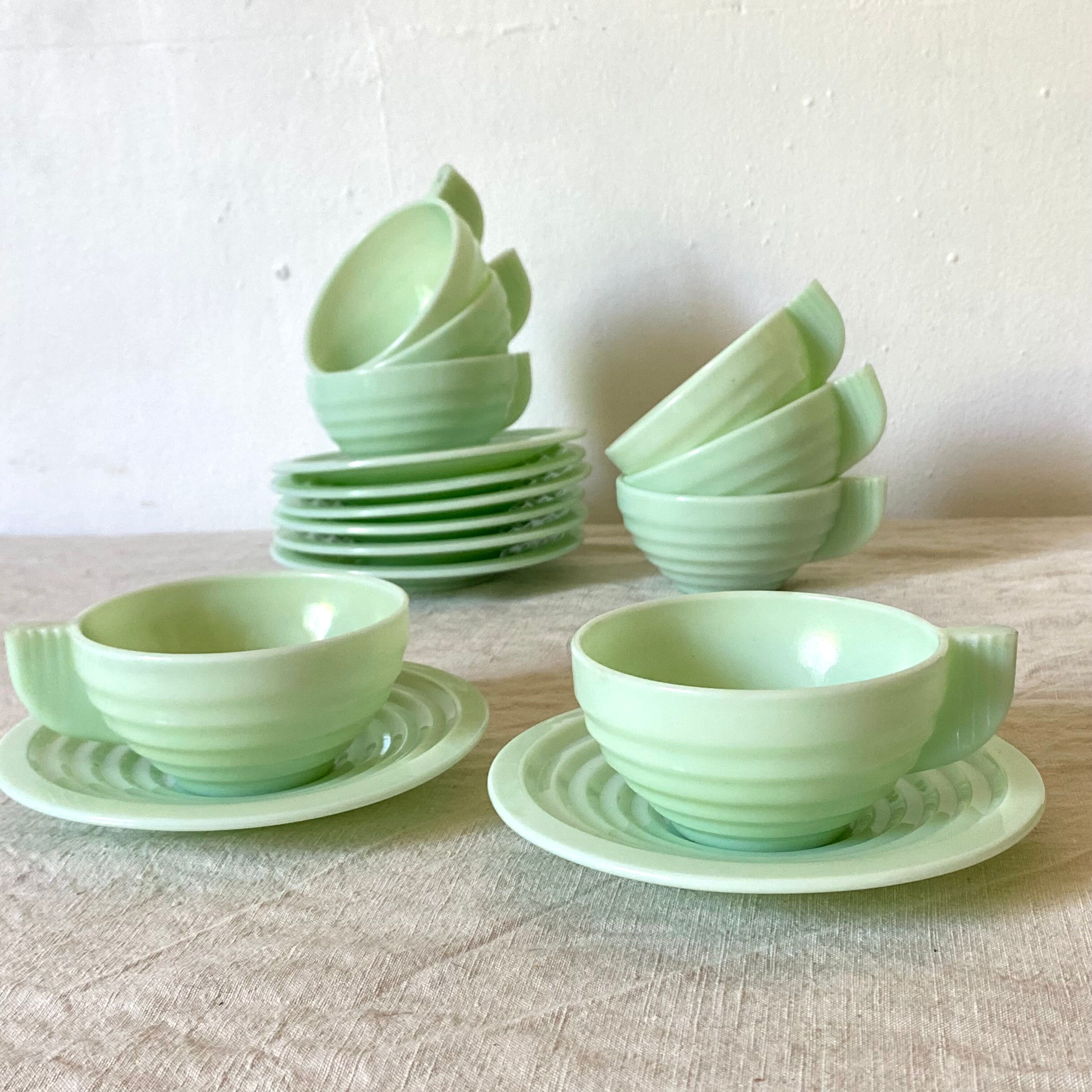 Art Deco cups in green opaline